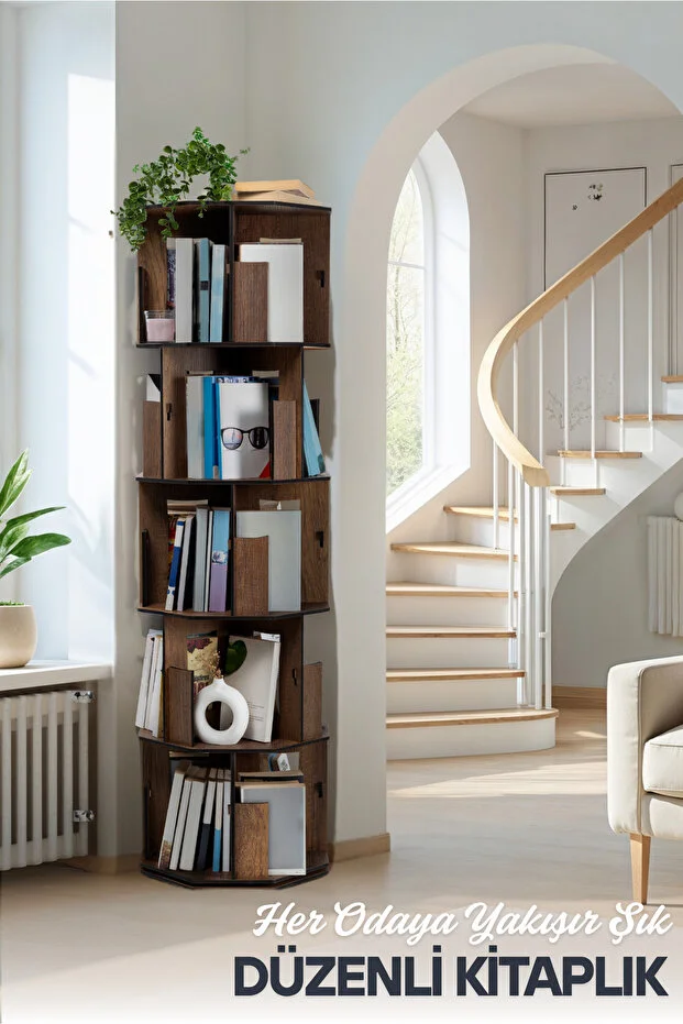 5 Katlı Döner Kitaplık | 360° Dönebilen, 100 Kitap Kapasiteli, Ceviz Renk